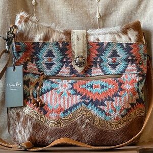Myra Bag Boho Southwest Crossbody in Brown, Pink Fog and Teal